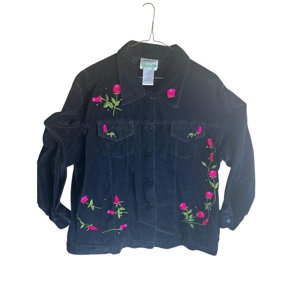The Quacker Factory Velvet Roses Floral Embroidered Jacket Black Plus Size 1X